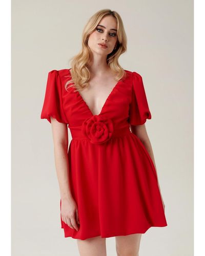 Nanas Puffed Sleeve Mini Cocktail Dress - Red