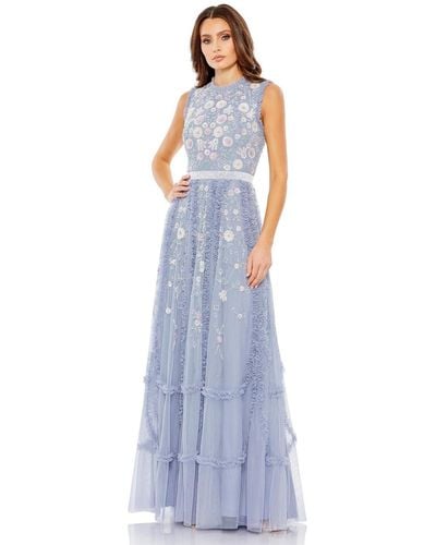 Mac Duggal Embellished High Neck Sleeveless Ruffled Gown - Blue