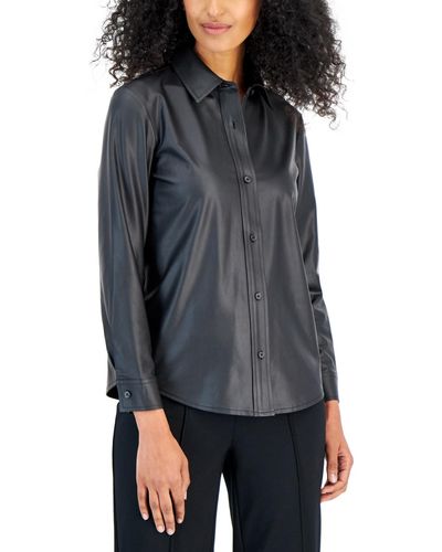 Anne Klein Faux-leather Button-front Shirt - Gray