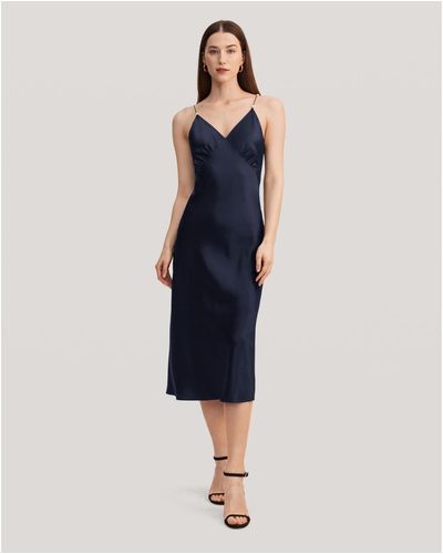 LILYSILK Elegant V Neck Silk Dress With Pearl - Blue