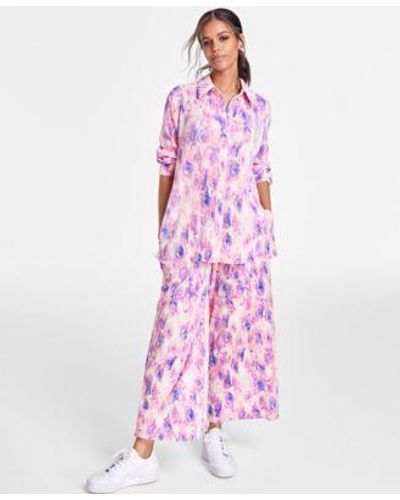 BarIII Petite Printed Plisse Knit Button Down Shirt Printed Plisse Knit Pants Created For Macys - Pink