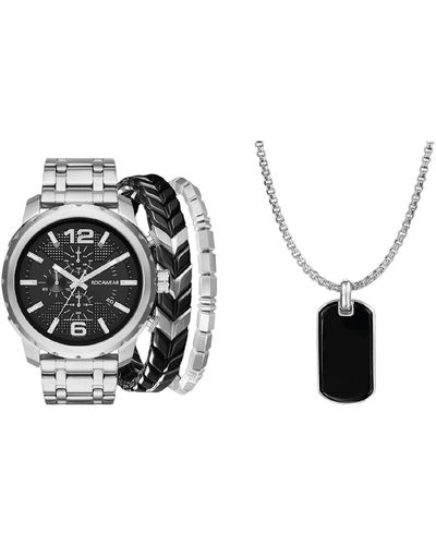 Rocawear Shiny Silver-tone Metal Bracelet Watch 50mm Set - Black