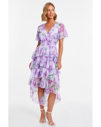 Quiz Chiffon Floral Tiered Dip Hem Dress - Purple