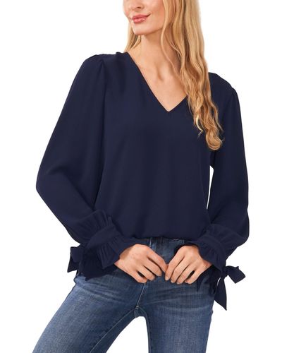 Cece Solid Long Sleeve V-neck Tie-cuff Blouse - Blue
