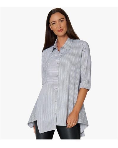 Stella Carakasi Cotton Poplin Button-front Step Hem Shirt Top Crossroads Tunic In Yarn Dye Stripe - Gray