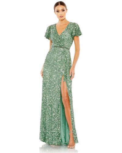 Mac Duggal Sequined Wrap Over Butterfly Sleeve Draped Gown - Green