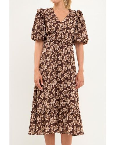 English Factory Crinked Floral Puff Sleeve Maxi Dress - Brown