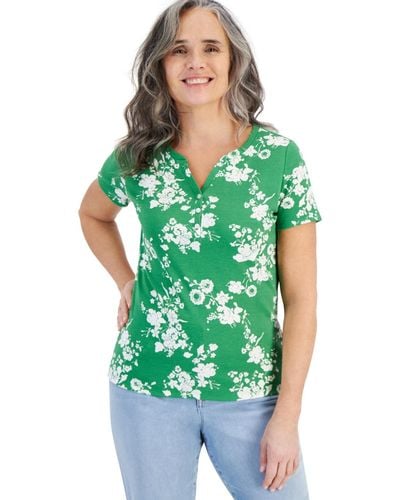 Style & Co. Petite Floral Henley Short-sleeve Top - Green