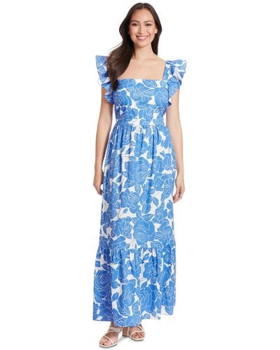 London Times Petite Cotton Floral Ruffle-sleeve Maxi Dress - Blue