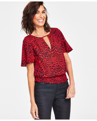 INC International Concepts Printed Smocked-hem Blouse - Red