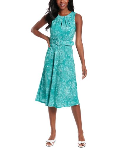 London Times Petite Printed Belted Fit & Flare Dress - Blue