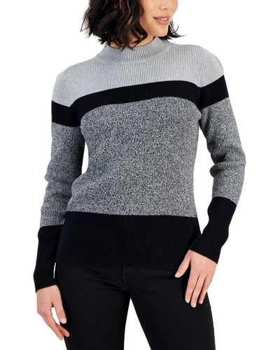 Karen Scott Petite Elsa Cotton Mock-neck Colorblocked Sweater - Gray