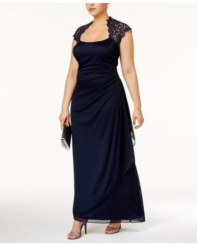Xscape Plus Size Ruched Lace Gown - Blue