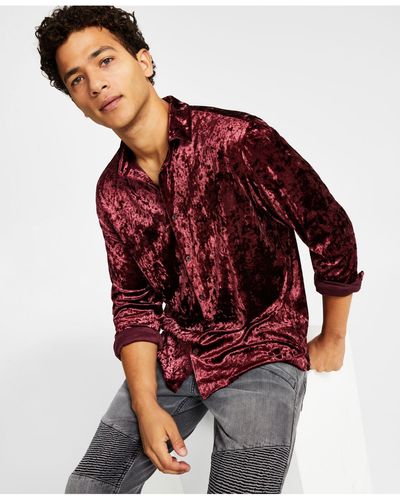 INC International Concepts Crinkled Velvet Button-up Long-sleeve Shirt, Created For Macy's - Red