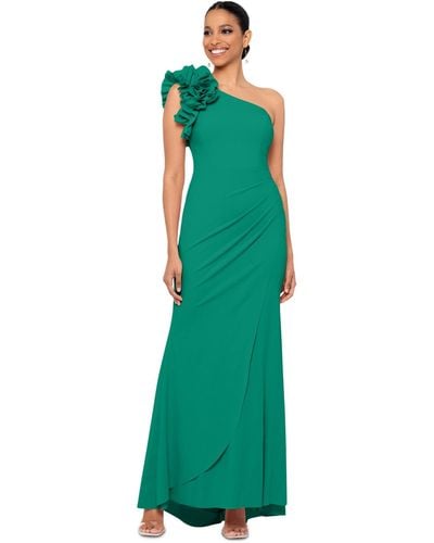 Xscape Ruffled One-shoulder Gown - Green