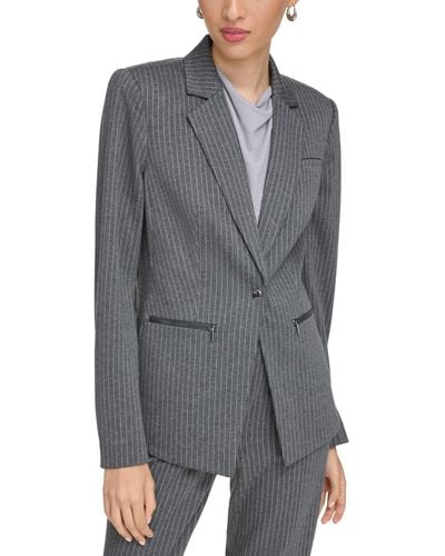 Calvin Klein Petite One-button Pinstriped Long-sleeve Blazer - Gray