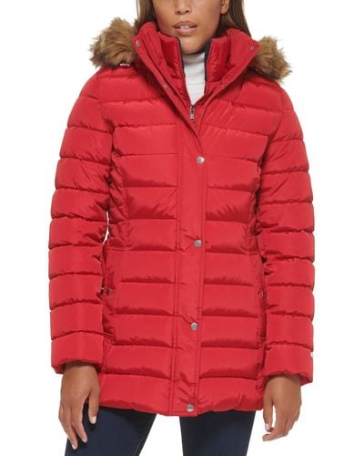 Tommy Hilfiger Petite Faux-fur-trim Hooded Puffer Coat, Created For Macy's - Red