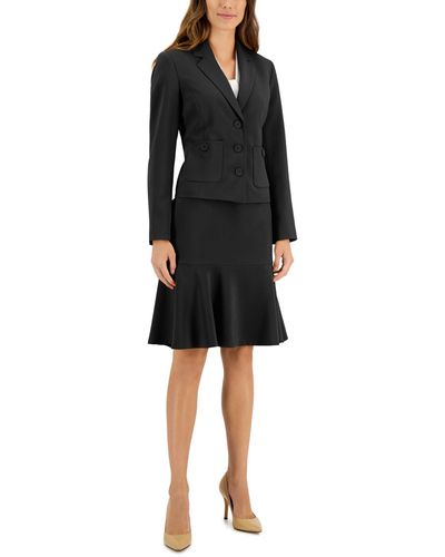 Le Suit Crepe Button-front Flounce Skirt Suit - Black