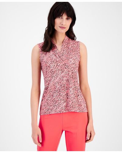 Anne Klein Pleated-neck Dot-print Sleeveless Top - Red