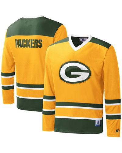 Starter Green Bay Packers Cross-check V-neck Long Sleeve T-shirt - Yellow