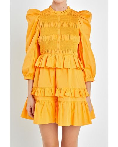 English Factory Smocking Detail Mini Dress - Yellow