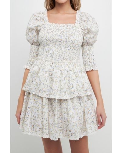 Free the Roses Lace Trim Floral Print Smocked Sleeve Mini Dress - Gray