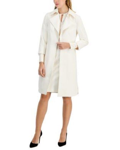 Anne Klein Long Sleeve Cut Out Blouse Pintuck Back Zip Pencil Skirt Wide Collar 3 4 Sleeve Kissing Coat Topper - White