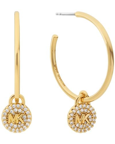 Michael Kors Platinum Plated Brass Cubic Zirconia Pave Charm Hoop Earrings - Metallic