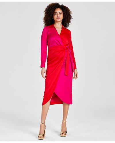 Anne Klein Long-sleeve Faux-wrap Midi Dress - Red