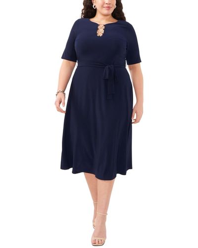 Msk Plus Size Tie-waist Hardware A-line Dress - Blue