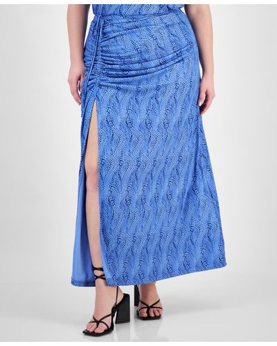 BarIII Plus Size Printed Ruched Slit-front Mesh Maxi Skirt - Blue