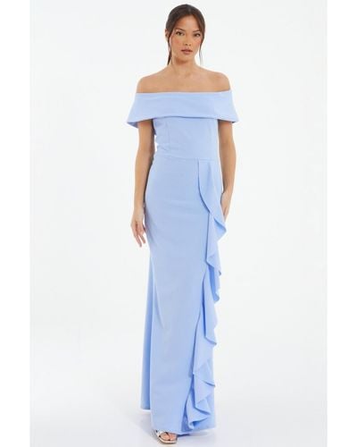 Quiz Bardot Ruffle Maxi Dress - Blue