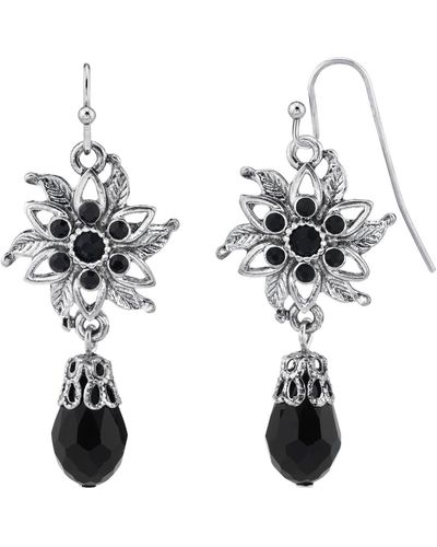 2028 Silver-tone Flower Drop Earrings - Black