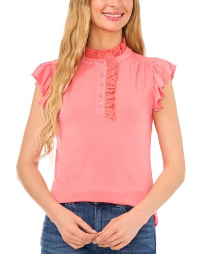 Cece Ruffled Front-placket Cap-sleeve Knit Top - Pink