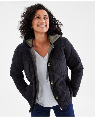 Style & Co. Petite Long Sleeve Hooded Quilted Jacket - Black