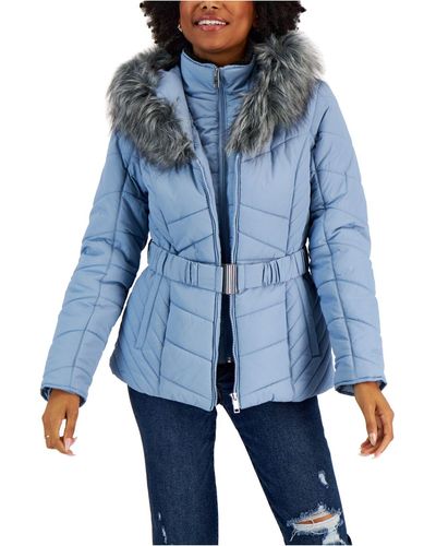 Maralyn & Me Juniors' Belted Faux-fur-trim Hooded Puffer Coat, Created For Macy's - Blue