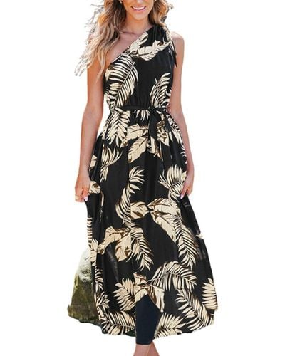 CUPSHE Tropical Leaf Print Ruched One-shoulder Beach Dress - Multicolor