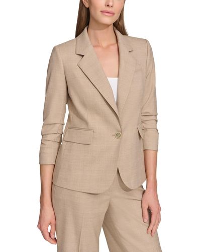 DKNY Petite Madison Notched-collar Ruched-sleeve Jacket - Natural