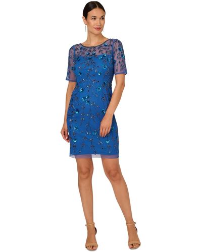 Adrianna Papell 3d Floral Beaded Sheath Dress - Blue