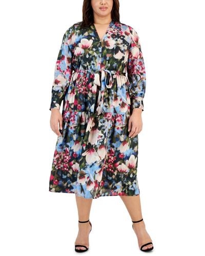 Anne Klein Plus Size Floral-print Tiered Midi Dress - Blue