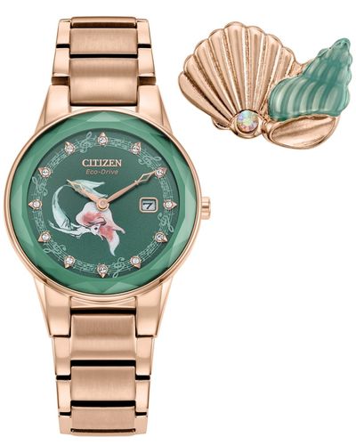 Citizen Eco-drive Disney Princess Ariel Stainless Steel Bracelet Watch 30mm Gift Set - Green