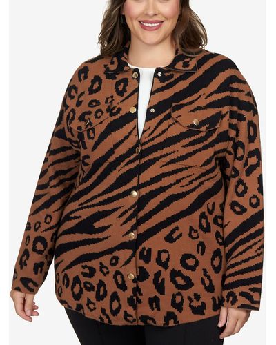 Ruby Rd. Plus Size Animal Print Shacket Sweater - Brown