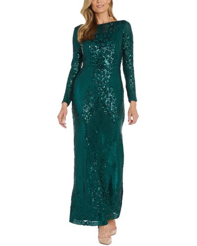 Nightway Sequin Long-sleeve Illusion Gown - Green