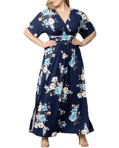 Kiyonna Plus Size Vienna Kimono Sleeve Long Maxi Dress - Blue