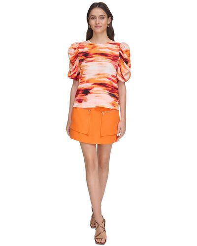 DKNY Printed Puff-sleeve Top - Orange