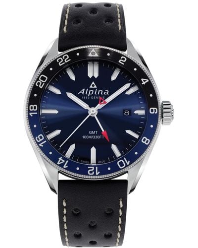 Alpina Swiss Alpiner Perforated Leather Strap Watch 42mm - Black