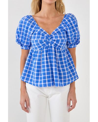 English Factory Gingham Twisted Puff Sleeve Top - Blue