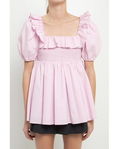 English Factory Smocked Puff Sleeve Top - Pink