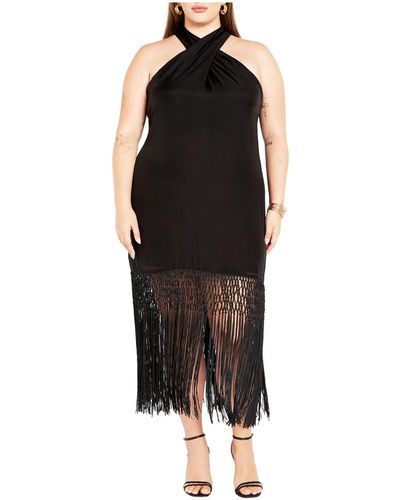 City Chic Plus Size Calypso Fringe Dress - Black