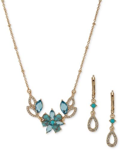 Anne Klein Gold-tone Floral Cluster Drop Earrings & Pendant Necklace Set - Metallic